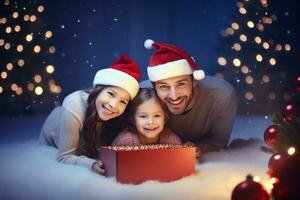 ai généré content famille avec joyeux Noël la magie cadeau près arbre à soir à Accueil photo