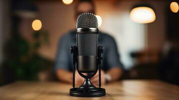 ai généré génératif ai, microphone pour podcast, homme enregistrement l'audio, hôte streaming, flou Contexte photo