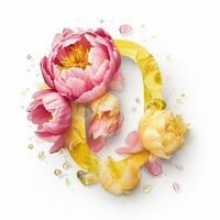 ai généré Créatif lettre o concept fabriqué de Frais Jaune et rose pivoine photo