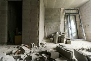 abandonné maison intérieur, sale chambre, pourri pelé des murs. photo