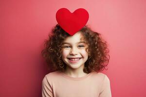 ai généré portrait de une mignonne peu fille avec rouge cœur sur valentines journée concept. photo