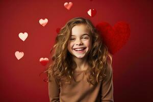 ai généré portrait de une mignonne peu fille avec rouge cœur sur valentines journée concept. photo