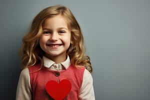 ai généré portrait de une mignonne peu fille avec rouge cœur sur valentines journée concept. photo