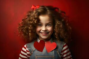 ai généré portrait de une mignonne peu fille avec rouge cœur sur valentines journée concept. photo