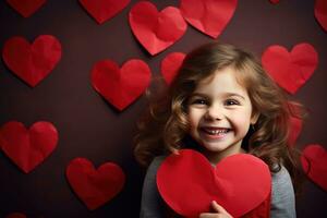 ai généré portrait de une mignonne peu fille avec rouge cœur sur valentines journée concept. photo