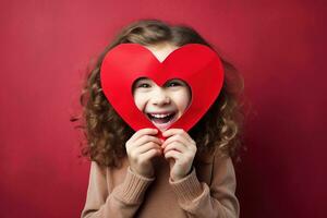 ai généré portrait de une mignonne peu fille avec rouge cœur sur valentines journée concept. photo