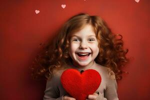 ai généré portrait de une mignonne peu fille avec rouge cœur sur valentines journée concept. photo