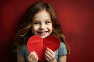 ai généré portrait de une mignonne peu fille avec rouge cœur sur valentines journée concept. photo