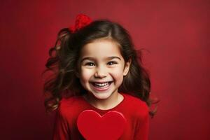 ai généré portrait de une mignonne peu fille avec rouge cœur sur valentines journée concept. photo