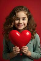 ai généré portrait de une mignonne peu fille avec rouge cœur sur valentines journée concept. photo