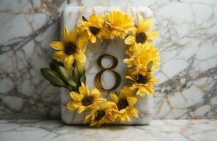 ai généré Jaune fleurs sur une blanc en bois table photo