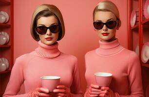 ai généré deux femmes habillé dans rose tenue en portant tasses de café photo