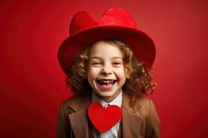 ai généré portrait de une mignonne peu fille avec rouge cœur sur valentines journée concept. photo