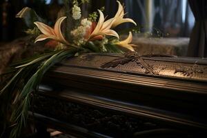 ai généré funéraire cercueil avec fleurs sur foncé Contexte photo