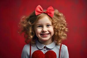 ai généré portrait de une mignonne peu fille avec rouge cœur sur valentines journée concept. photo