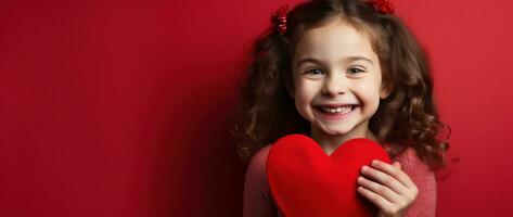 ai généré portrait de une mignonne peu fille avec rouge cœur sur valentines journée concept. photo