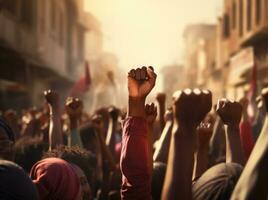 ai généré le manifestants élever leur les poings pendant leur manifestation photo