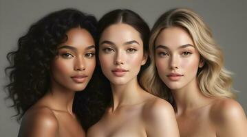 ai généré magnifique Jeune Multi-éthnique femmes avec Naturel se maquiller. La publicité pour femelle mode des modèles, visage et corps peau se soucier. photo