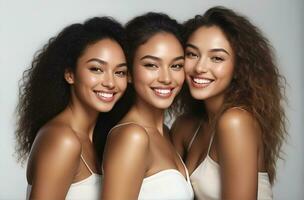 ai généré magnifique Jeune Multi-éthnique femmes avec Naturel se maquiller. La publicité pour femelle mode des modèles, visage et corps peau se soucier. photo