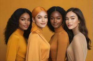 ai généré magnifique Jeune Multi-éthnique femmes avec Naturel se maquiller. La publicité pour femelle mode des modèles, visage et corps peau se soucier. photo