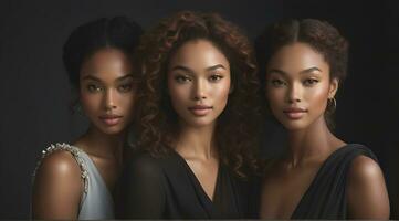 ai généré magnifique Jeune Multi-éthnique femmes avec Naturel se maquiller. La publicité pour femelle mode des modèles, visage et corps peau se soucier. photo