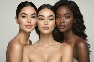 ai généré magnifique Jeune Multi-éthnique femmes avec Naturel se maquiller. La publicité pour femelle mode des modèles, visage et corps peau se soucier. photo