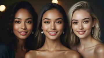 ai généré magnifique Jeune Multi-éthnique femmes avec Naturel se maquiller. La publicité pour femelle mode des modèles, visage et corps peau se soucier. photo