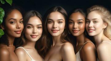 ai généré magnifique Jeune Multi-éthnique femmes avec Naturel se maquiller. La publicité pour femelle mode des modèles, visage et corps peau se soucier. photo