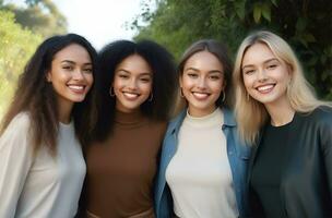 ai généré magnifique Jeune Multi-éthnique femmes avec Naturel se maquiller. La publicité pour femelle mode des modèles, visage et corps peau se soucier. photo