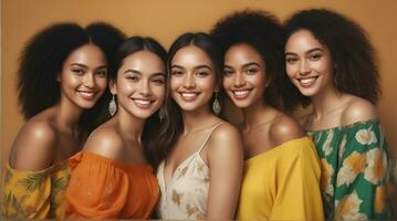 ai généré magnifique Jeune Multi-éthnique femmes avec Naturel se maquiller. La publicité pour femelle mode des modèles, visage et corps peau se soucier. photo