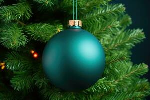 ai généré bleu Noël arbre jouet Balle décoration sur une duveteux arbre sapin branche photo