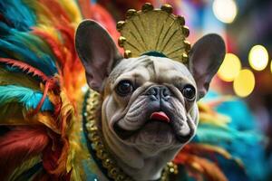 ai généré une français bouledogue habillé dans coloré costume dans le carnaval ai génératif photo