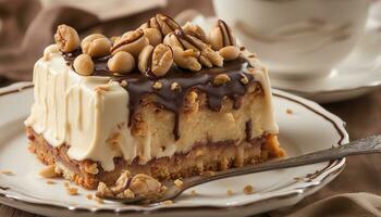 ai généré gâteau avec cacahuètes, noix, Chocolat et caramel crème photo