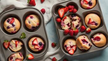 ai généré baie fraise muffins dans cuisson plat. horizontal vue de au dessus photo