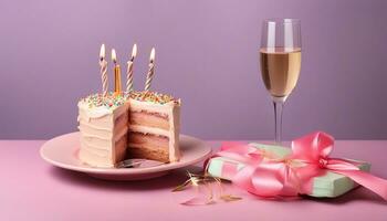 ai généré assiette avec anniversaire gâteau, cadeau boîte et verre de Champagne sur Couleur Contexte photo