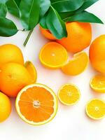 ai généré Frais Orange et tranches avec feuilles Contexte vitamine c concept ai généré photo
