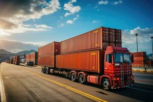 ai généré un image représentant logistique avec une récipient camion, navire dans port, et avion pour importer exportation industrie.by génératif ai photo