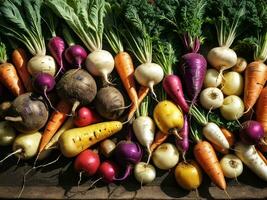 ai généré sain récolte une coloré tableau de Frais racine des légumes. ai généré. photo