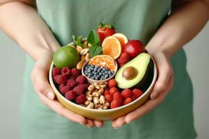 ai généré femme en portant bol avec des produits pour cœur en bonne santé régime, fermer. génératif ai. photo