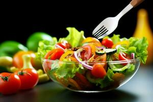 ai généré en bonne santé nourriture Frais légume salade et fourchette. génératif ai. photo