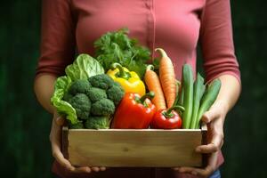 ai généré femme portant gants avec Frais des légumes dans le boîte dans sa mains. proche en haut. génératif ai. photo