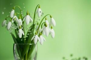 ai généré une bouquet de perce-neige dans une transparent Tequila verre. éclaboussures de l'eau sur pétales. premier printemps fleurs. forêt. Bonjour printemps. aux femmes journée concept. vert brouiller Contexte. génératif ai. photo