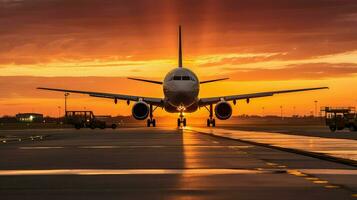 ai généré destination le coucher du soleil aéroport Contexte photo