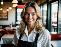 ai généré photo de magnifique femme comme une serveuse dans rétro à manger restaurant, génératif ai