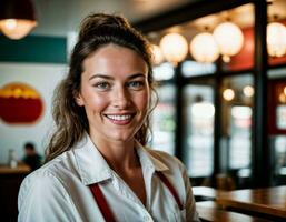 ai généré photo de magnifique femme comme une serveuse dans rétro à manger restaurant, génératif ai