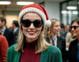 ai généré photo de magnifique femme avec blond cheveux et des lunettes de soleil et bonnet chapeau Bureau chambre, génératif ai