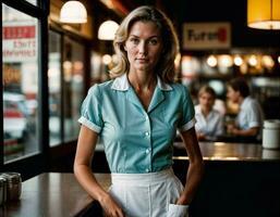 ai généré photo de magnifique femme comme une serveuse permanent dans rétro à manger restaurant, génératif ai