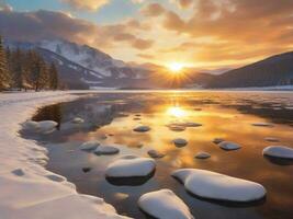 ai généré scénique vue de congelé Lac contre ciel pendant hiver photo