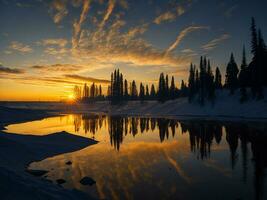 ai généré un image de une vibrant le coucher du soleil plus de une serein lac, avec coloré reflets chatoyant sur le l'eau avec neige photo