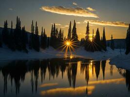 ai généré un image de une vibrant le coucher du soleil plus de une serein lac, avec coloré reflets chatoyant sur le l'eau avec neige photo